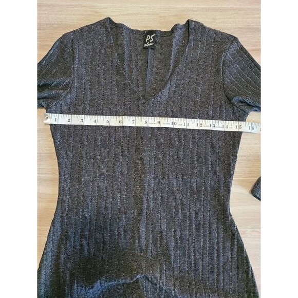 PerSeption Grey Sweater Dress XS – Ribbed Knit V-Neck 3/4 Sleeve Mini - Picture 6 of 7